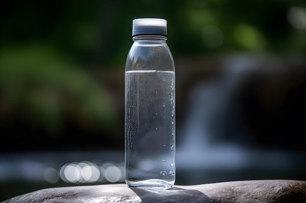 Een fles water zit op een boomstam met een waterval op de achtergrond.