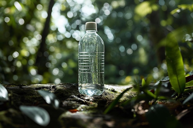 een fles water zittend op een rots in het bos