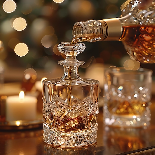 een fles whisky die in een glas wordt gegoten met een fles whisky erin
