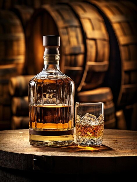 een fles whisky en een glas whisky op een tafel.