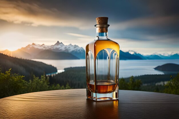 Een fles whisky staat op een tafel met een berg op de achtergrond.