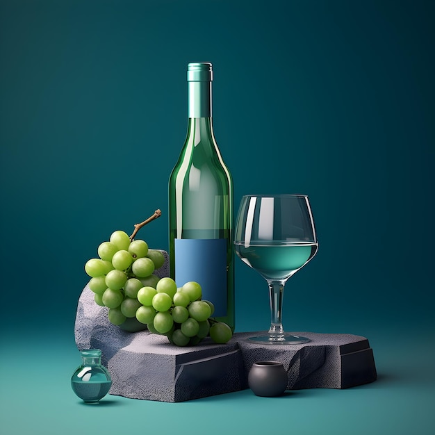Een fles wijn en een glas met druiven erop.