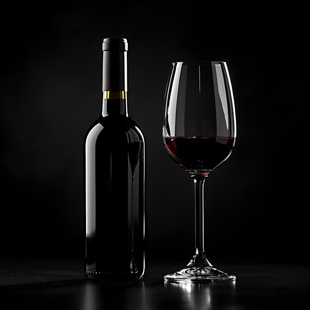 Een fles wijn en een glas wijn op een tafel met een zwarte achtergrond en een zwarte agtergrond