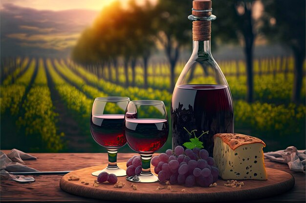 Een fles wijn en twee glazen wijn staan op een houten tafel voor een wijngaard.