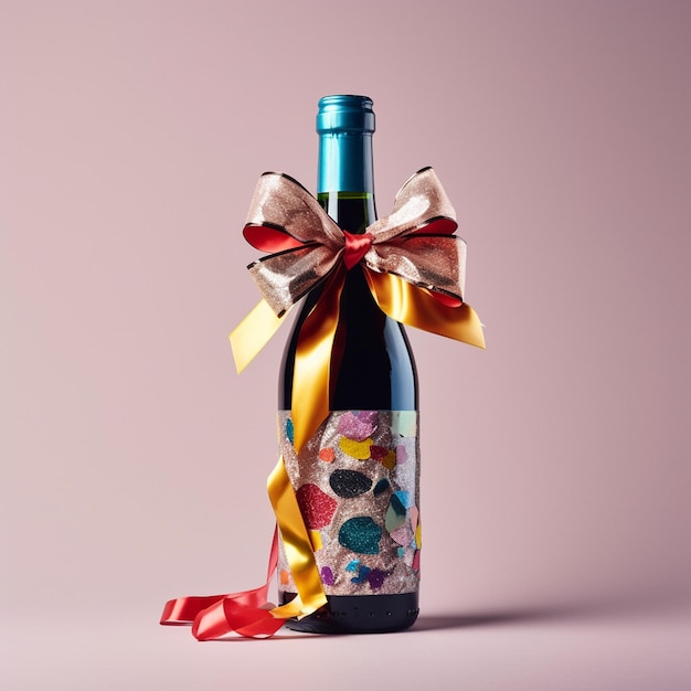 Een fles wijn met een lint eromheen gebonden en een lint omheen gebonden.