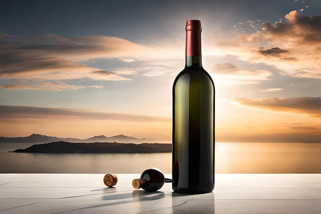 Een fles wijn met een zonsondergang op de achtergrond