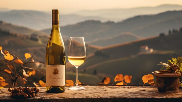 Een fles wijn met uitzicht op de wijngaarden foto