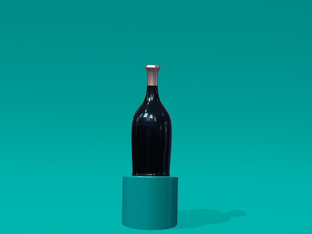 Een fles wijn staat op een blauwe doos met een groene basis.