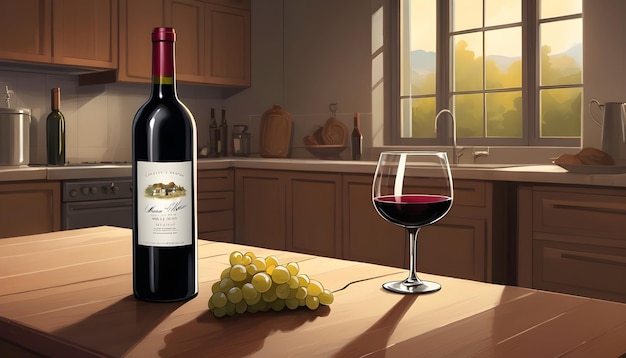 Een fles wijn van hoge kwaliteit ligt op de stijltafel met digitale stijl