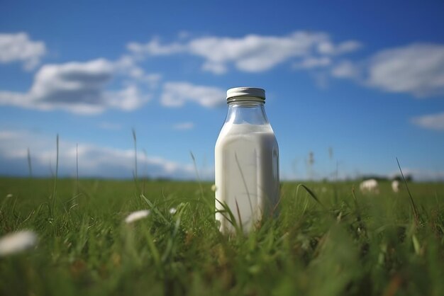 Een fles witte melk zit in het gras.