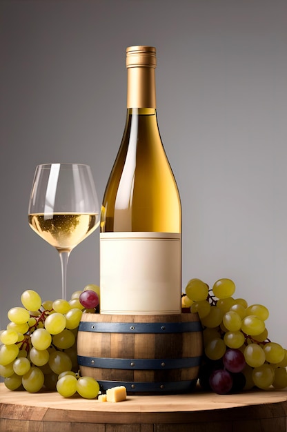 een fles witte wijn met druiven en kaas eromheen bovenop een vat met een witte