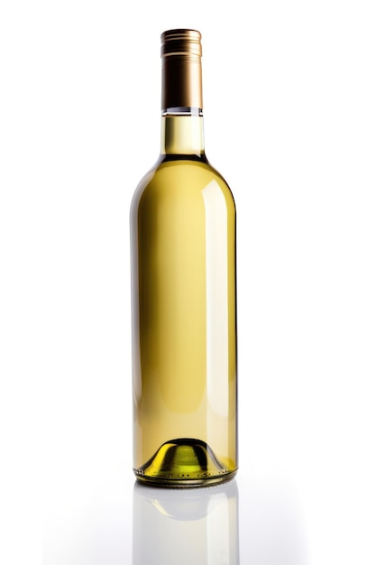 Een fles witte wijn met een kurk in de linkerbovenhoek.