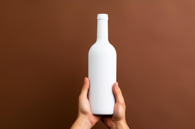 Een fles witte wijn wordt in beide handen vastgehouden.