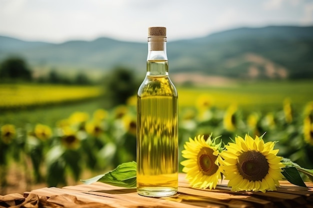 een fles zonnebloemolie met een zonnebloem erin generatieve ai