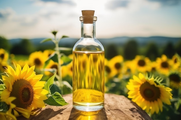 een fles zonnebloemolie met een zonnebloem erin generatieve ai