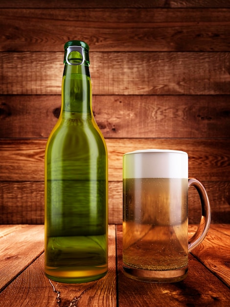 Een flesje bier een glas bier met schuim Achtergrond en het oppervlak van houten planken met verlichting 3D render