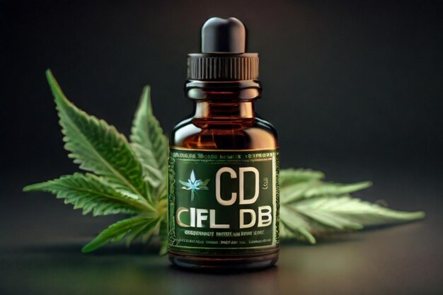 Een flesje CBD-olie en cannabisolie zit naast een hennepblad in biologische olie