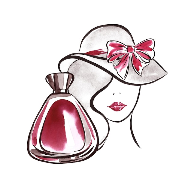 Een flesje parfum en het gezicht van een vrouw in een hoed Handgetekende aquarel illustratie
