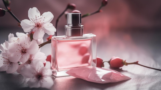 Een flesje parfum met bloemen op tafel