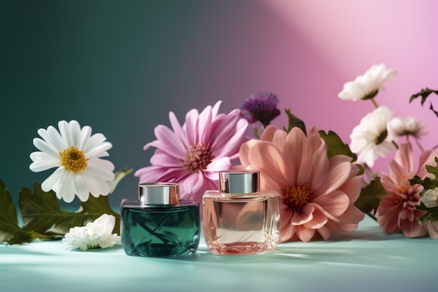 Een flesje parfum met bloemen op tafel