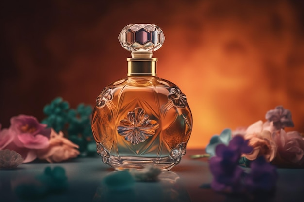 Een flesje parfum met een bloem aan de zijkant