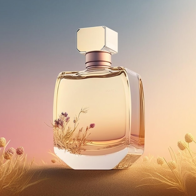 Een flesje parfum met een bloem erop.