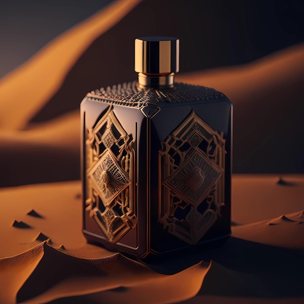 Een flesje parfum met een gouden ontwerp op de voorkant een flesje parfum bovenop een woestijn