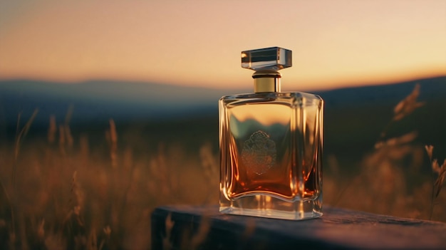 Een flesje parfum met een gouden zonsondergang op de achtergrond.