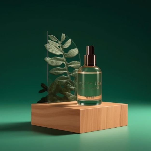 Een flesje parfum met een groene achtergrond en een blad erop.