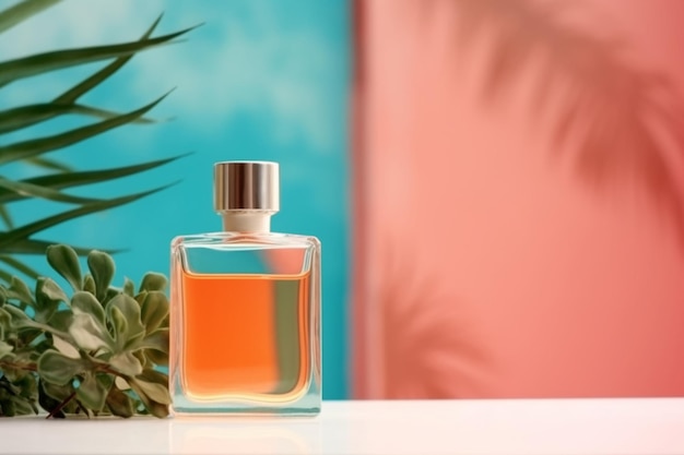 Een flesje parfum met een groene plant ernaast