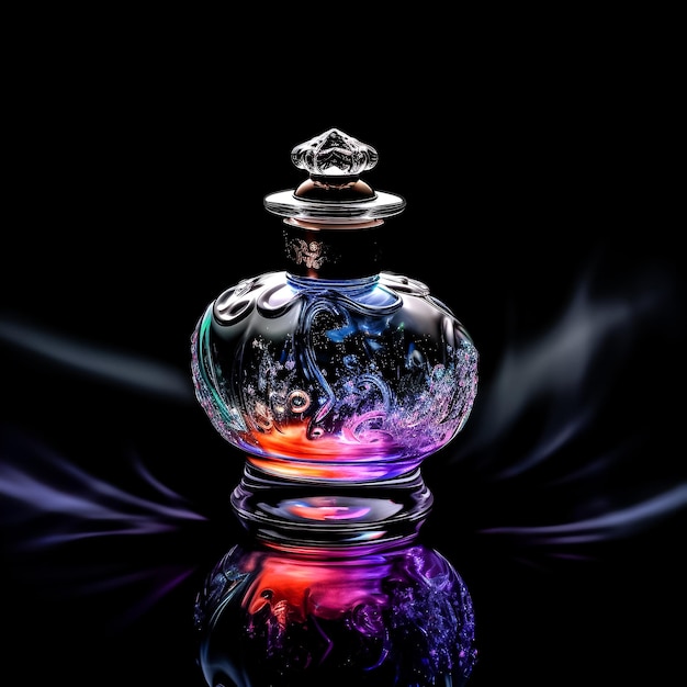Een flesje parfum met een paars en oranje licht bovenop.