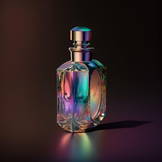 Een flesje parfum met een regenboogkleurig licht op de bodem.
