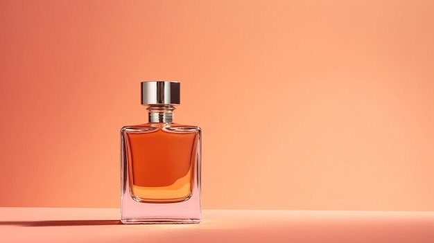 Een flesje parfum met een roze achtergrond