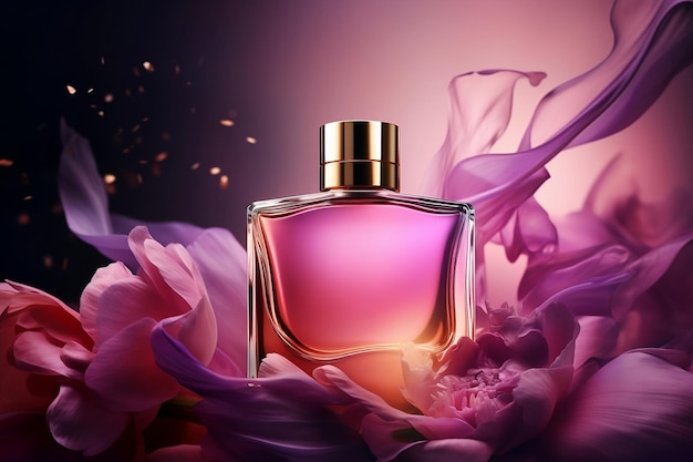Een flesje parfum met een roze bloem op de achtergrond.