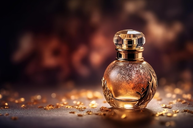 Een flesje parfum met gouden glitters bovenop