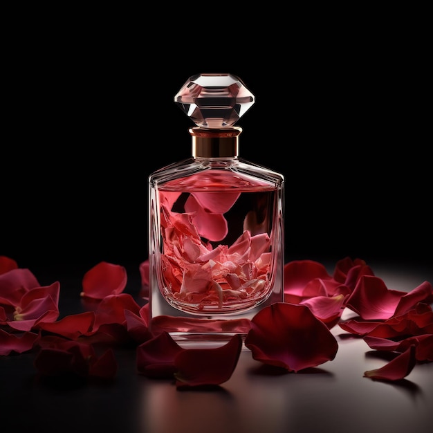 Een flesje parfum met roze bloemblaadjes op tafel.