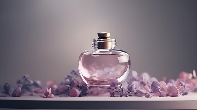 Een flesje parfum met roze bloemen op tafel