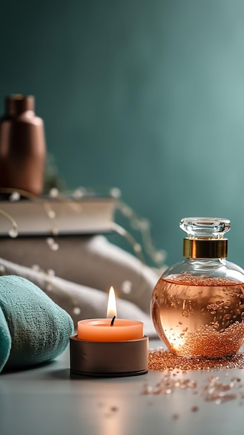 Een flesje parfum naast een kaars waar 'badtijd' op staat