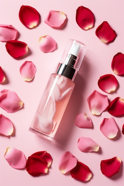 Een flesje parfum op een roze achtergrond met bloemblaadjes en een roze bloem.