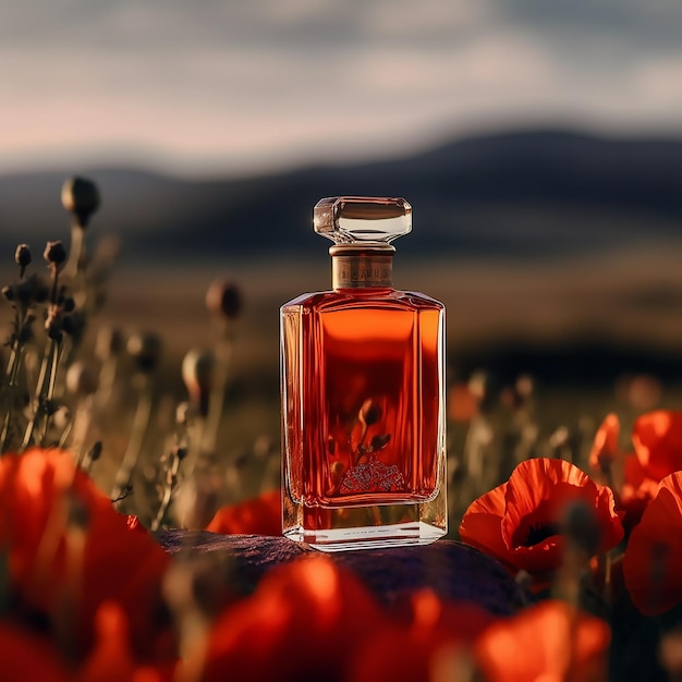 Een flesje parfum staat op een rots in een veld met klaprozen.