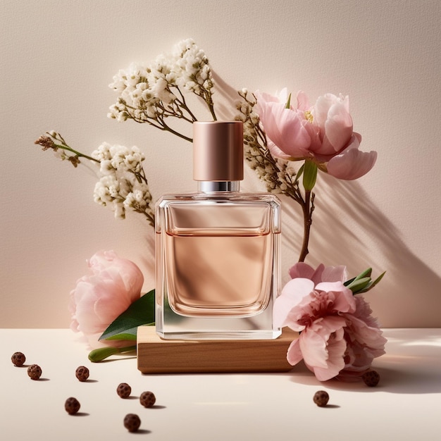 een flesje parfum staat op een tafel met bloemen en een flesje parfum.