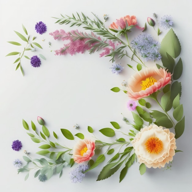 Een floral frame met bloemen en bladeren op een witte achtergrond.