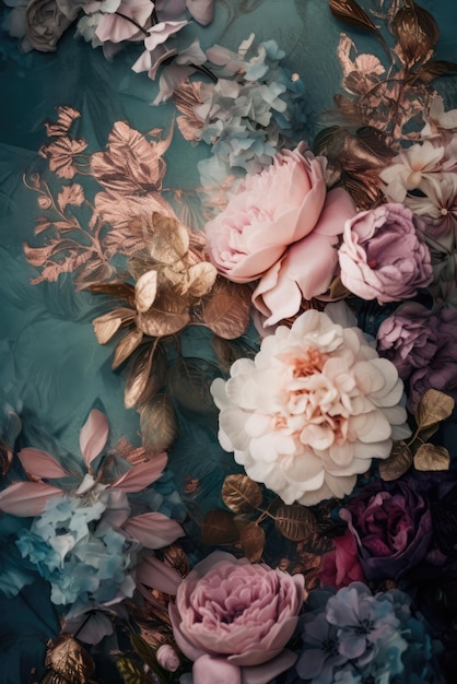 Een florale achtergrond met een blauwe achtergrond en een roze bloem erop.