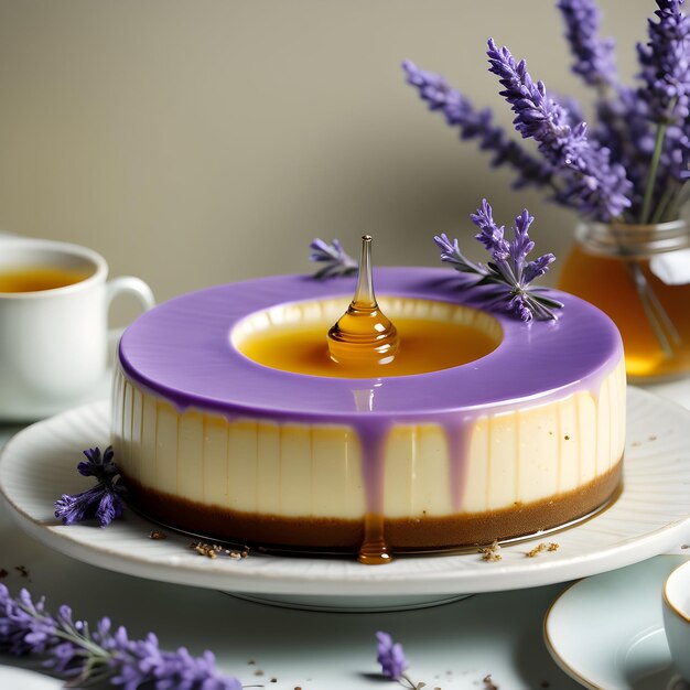 een fluweelzachte cheesecake doordrenkt met geurige Earl Grey-thee, geserveerd met een scheutje delicate lavendel