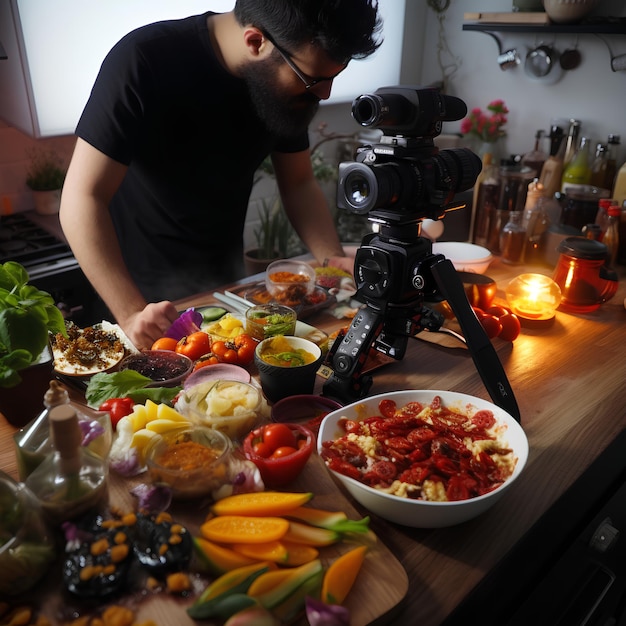 Foto een foodblogger maakt video's om het proces te laten zien.