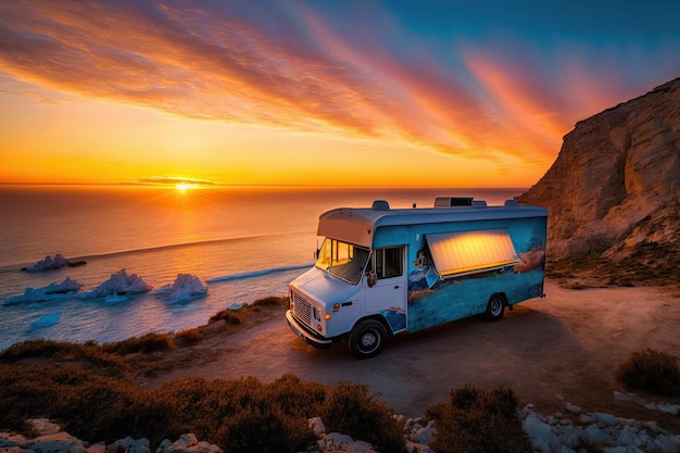 Een foodtruck geparkeerd op de rand van een klif met een prachtige zonsondergang of zonsopgang op de achtergrond Generatieve AI