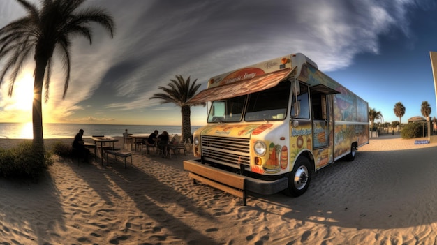 Een foodtruck staat geparkeerd op een strand met palmbomen op de achtergrond.