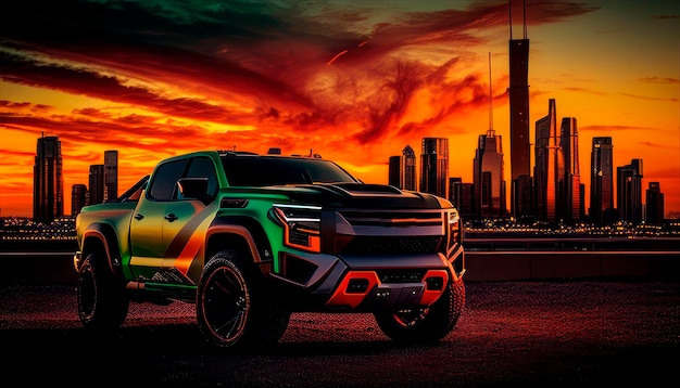 Foto een ford f 150 truck met een stad op de achtergrond