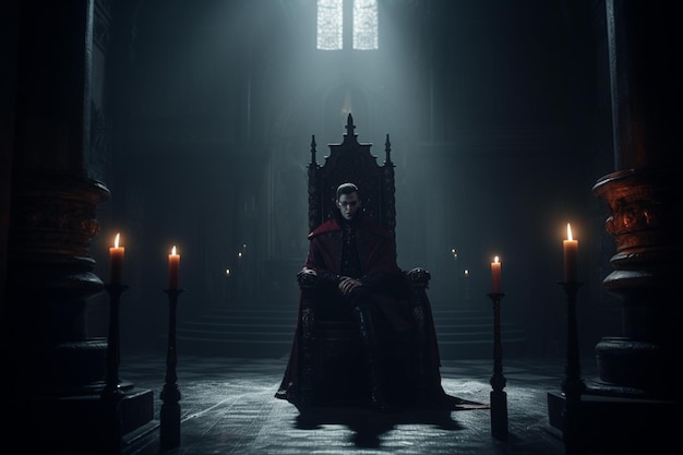 Een formidabele vampier zit op een grote troon in een zwak verlicht kasteel gegenereerd door AI.