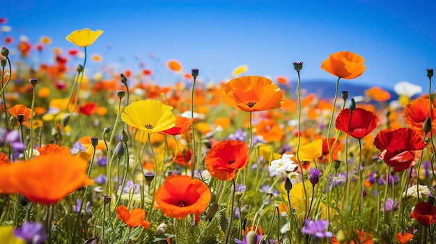 Een foto die de levendige kleuren en patronen van een veld met wilde bloemen weergeeft